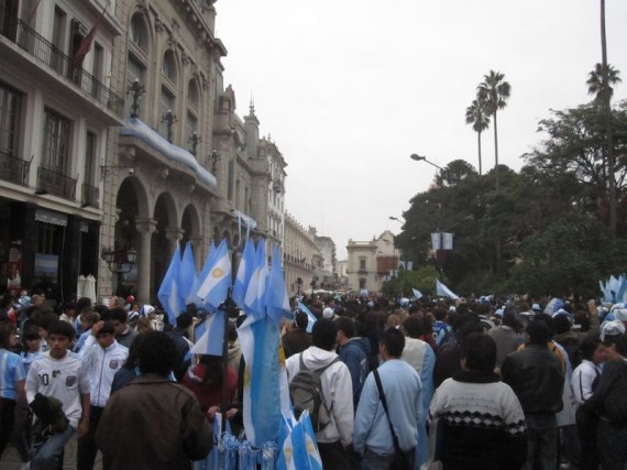 Football fans celebrating in Plaza 9 de Julio, Salta