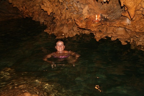 Erin swimming in Anatakitaki Cave