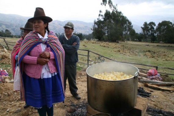 Quechua woman cooking up a vat of potatoes, Peru