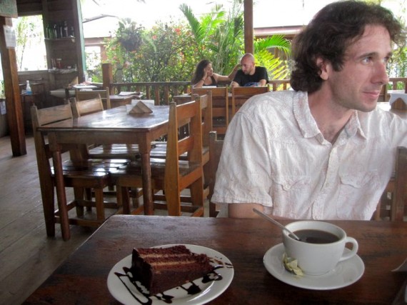 Simon eating chocolate cake at Bread and Chocolate