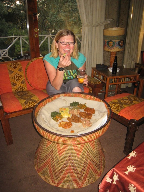 Deb eating injera in Ethiopia