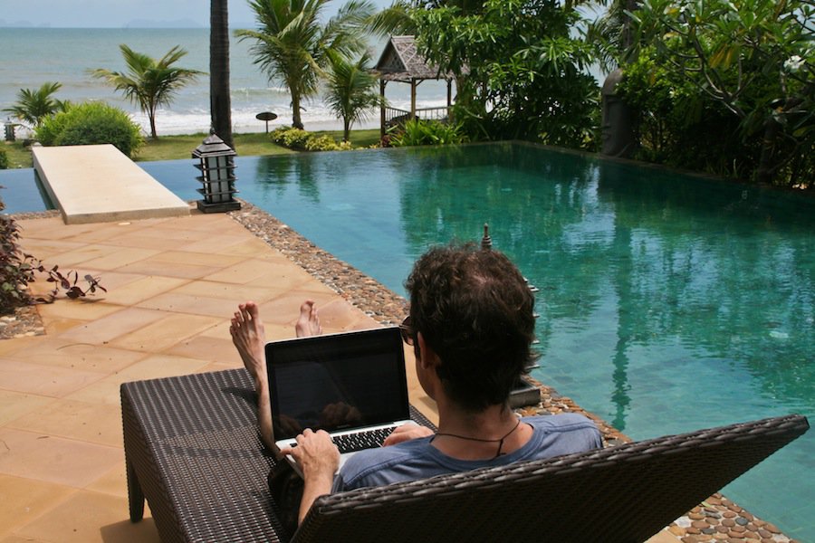 Simon working at our beachfront villa in Koh Lanta, Thailand