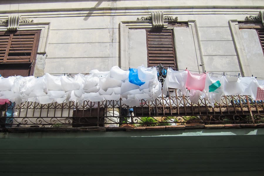 Plastic bags drying on line in Havana