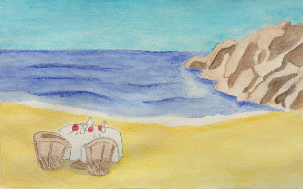 Simon's watercolour of a Majahuitas beach dinner