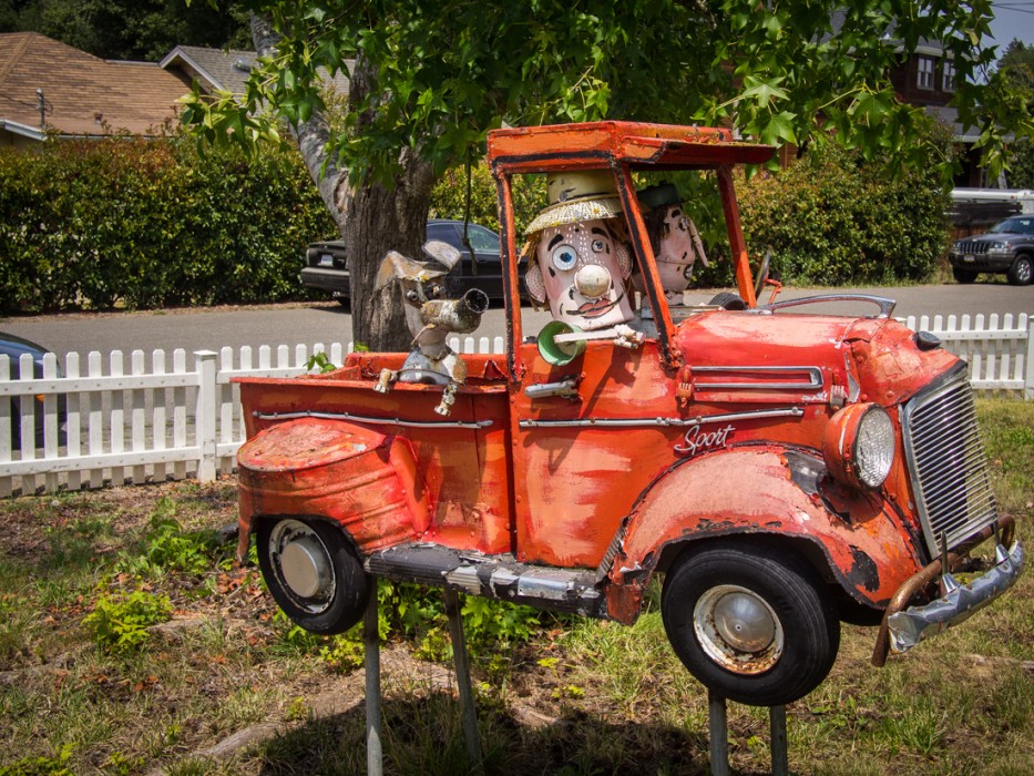 Old truck with dog, Patrick Amiot junk sculpture, Florence Avenue, Sebastopol, Sonoma County