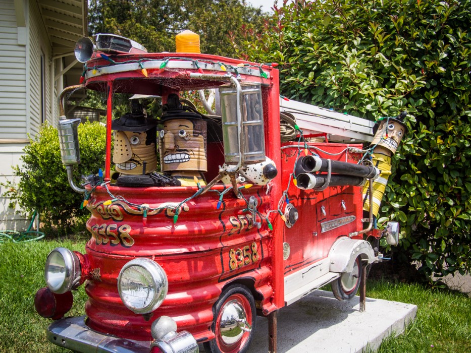 Fire engine, Patrick Amiot junk sculpture, Florence Avenue, Sebastopol, Sonoma County