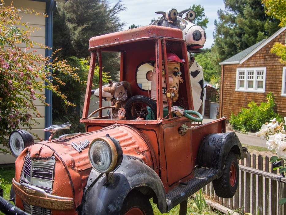 Old truck with cow, Patrick Amiot junk sculpture, Florence Avenue, Sebastopol, Sonoma County