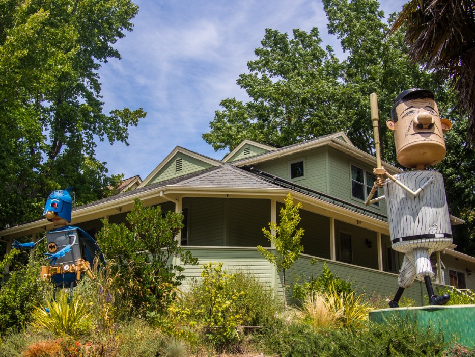 Superhero and baseball player, Patrick Amiot junk sculpture, Florence Avenue, Sebastopol, Sonoma County