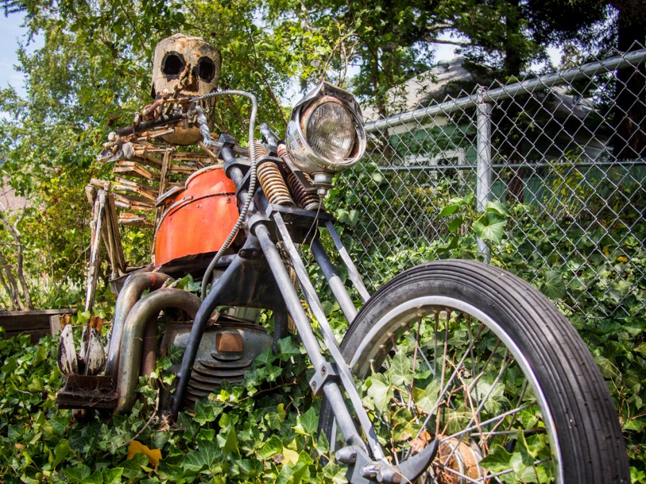 Skeleton on a motorbike, Patrick Amiot junk sculpture, Florence Avenue, Sebastopol, Sonoma County