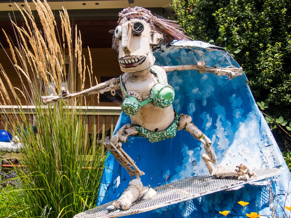 Surfer, Patrick Amiot junk sculpture, Florence Avenue, Sebastopol, Sonoma County