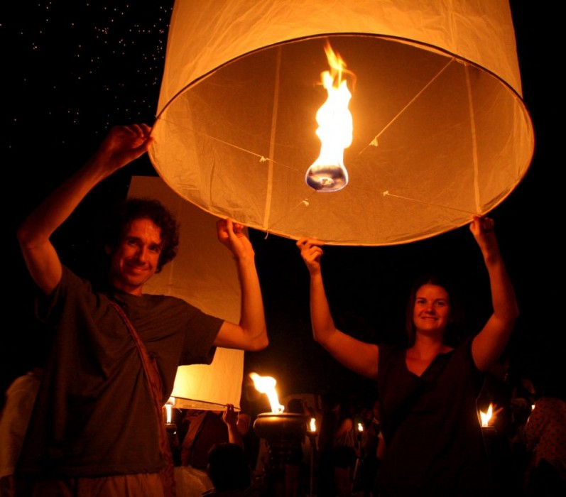 Releasing a lantern at the Yee Peng Festival, Chiang Mai