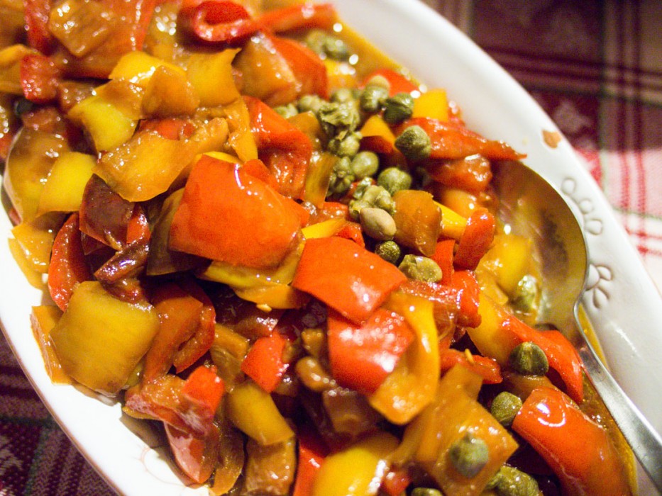 Peperonata with peppers, tomatoes, onion and capers