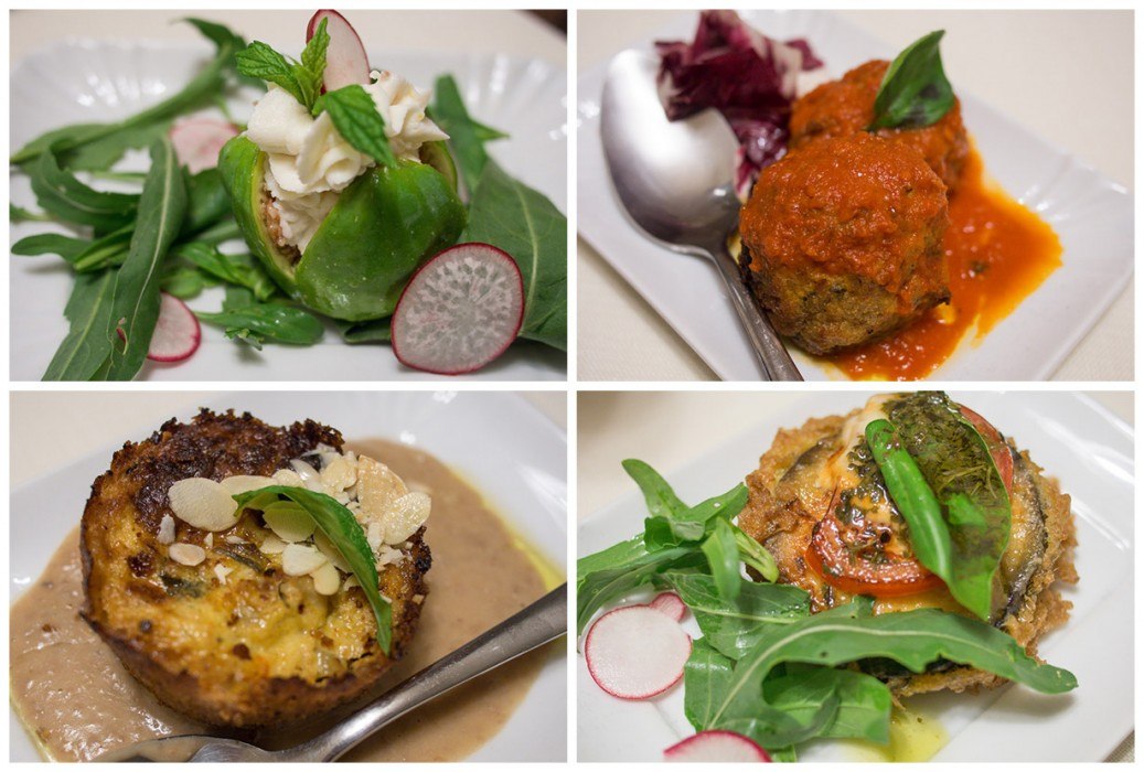 Antipasti at Ristorante Francesca: figs stuffed with orange ricotta, bread balls in a tomato sauce, zucchini flower *tortino*, and *melanzana parmigiana*