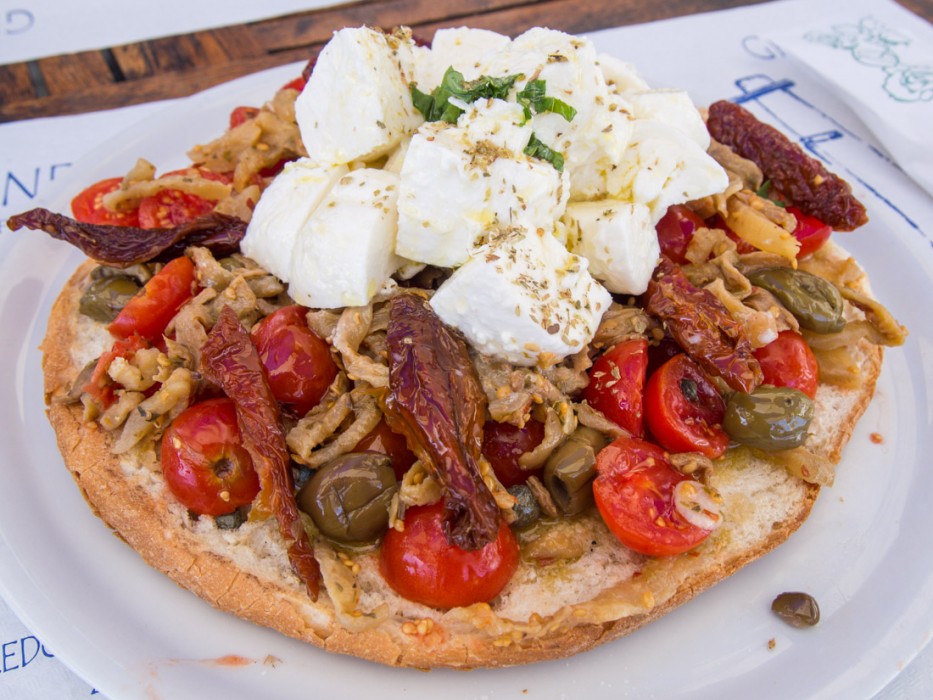 Pane cunzato, Da Alfredo’s cafe, Salina Island, Sicily, Italy