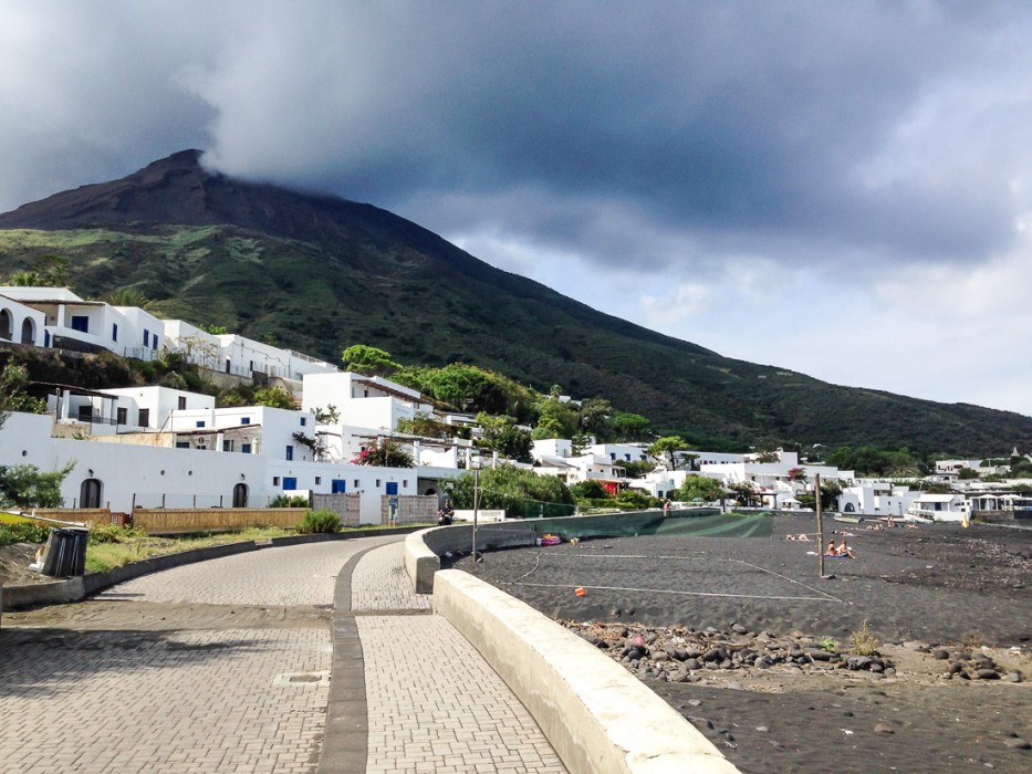 The town and black sand beach on Stromboli