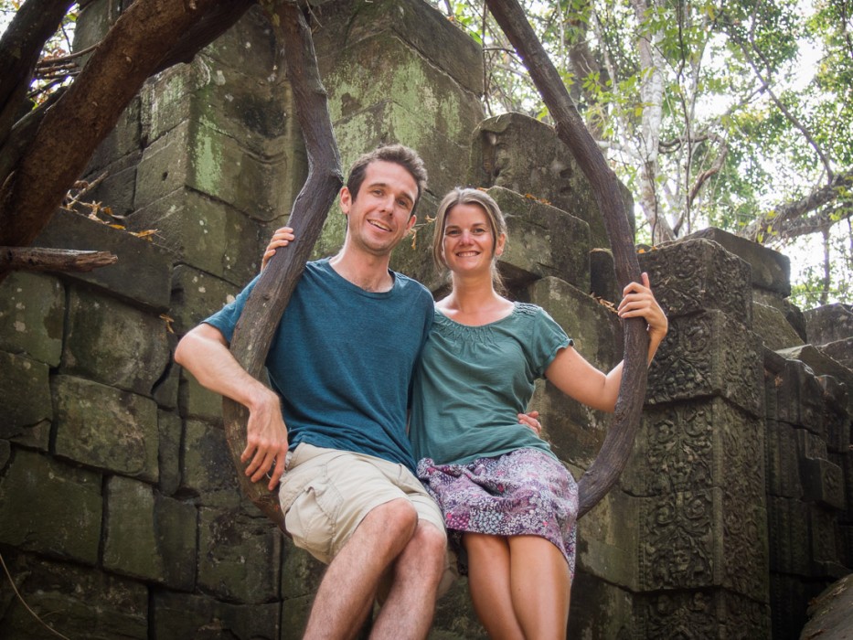 Us on a vine swing at Beng Mealea, jungle temple at Angkor, Cambodia