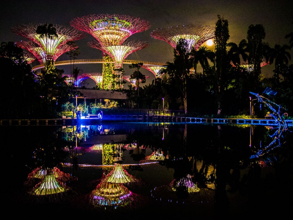Supertrees reflection and full moon, Singapore