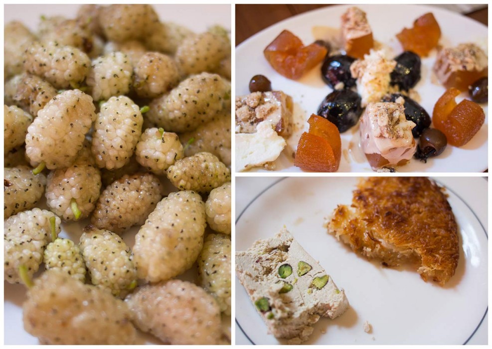 Ciya desserts: white mulberries, candied sweets, halva and kunefe.