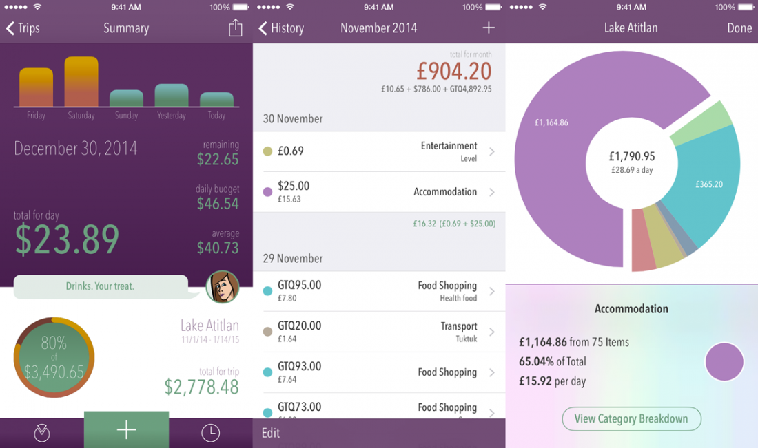 The Trail Wallet 3.0 summary, history, and pie chart screens