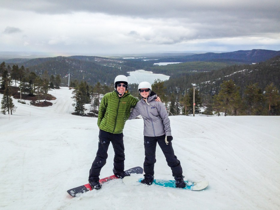Simon and Erin snowboarding at Ruka, Finland