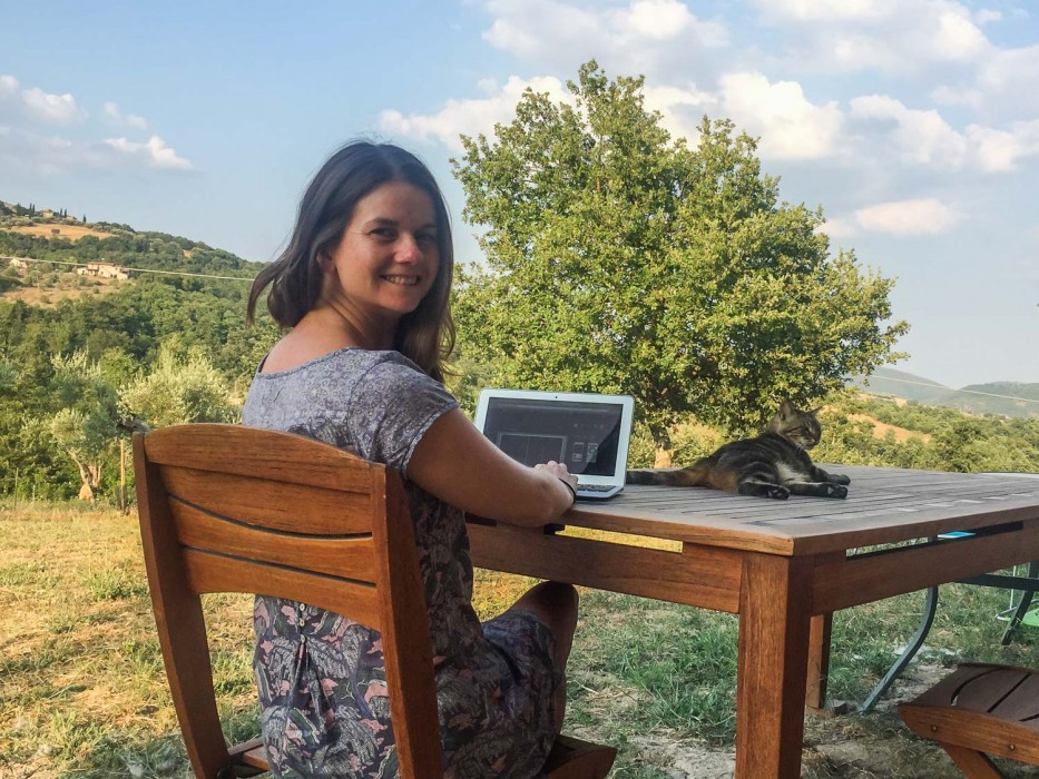 Erin working at our housesit in Umbria, Italy