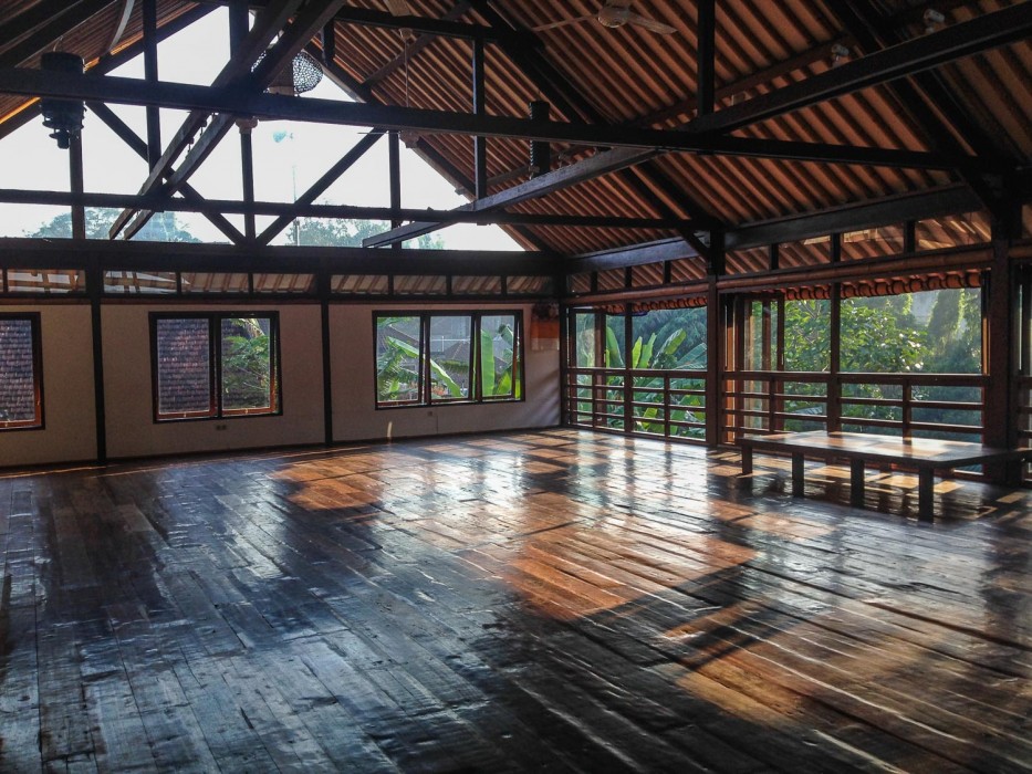 Polished wooden floor of the Radiantly Alive yoga studio, Ubud, Bali