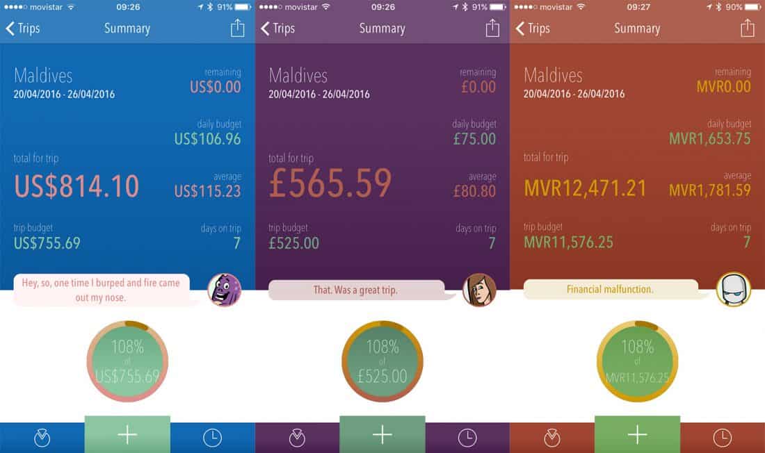 Maldives on a budget. Our expenses shown in dollars, pounds, and rufiyaa on the Trail Wallet app.