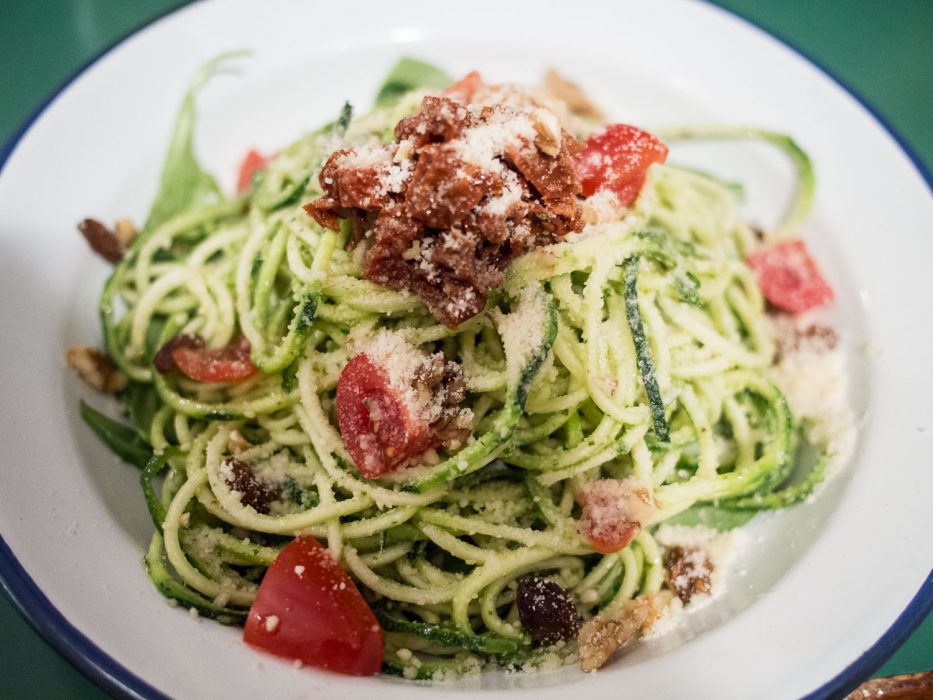 Italian salad with raw zucchini spaghetti at Quinoa Bar, Gracia in Barcelona