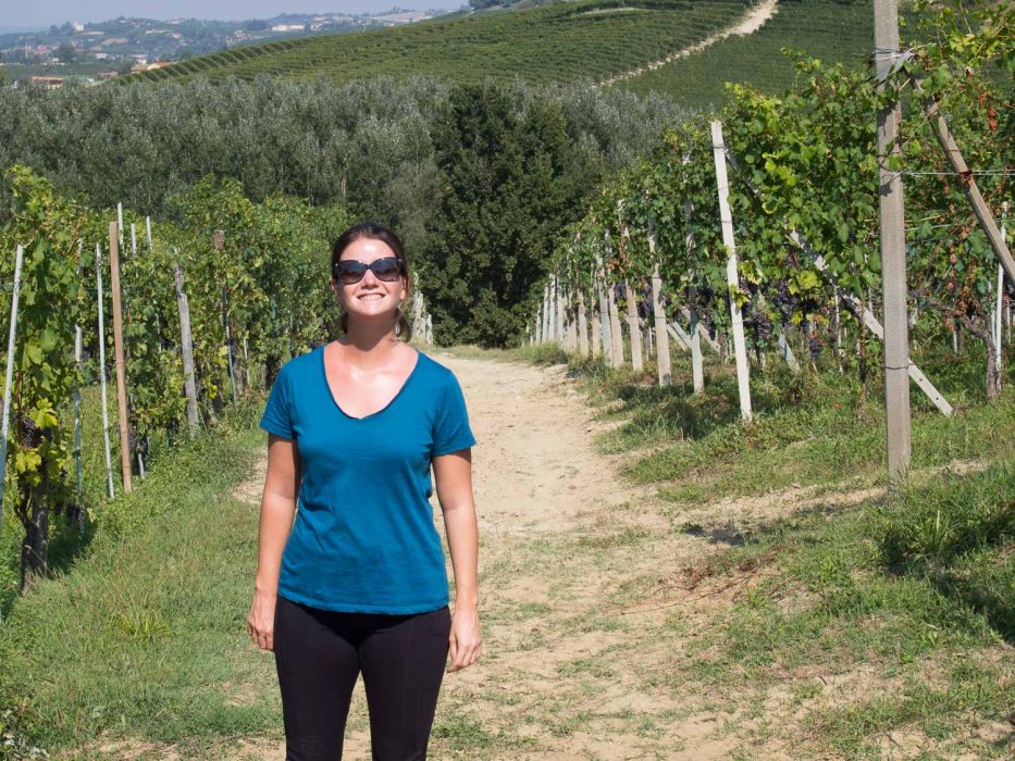 Ably t-shirt review: Erin hiking in the Barolo vineyards with her Ably shirt