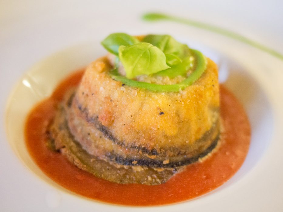 Barolo restaurants: Melanzana parmigiana at Le Torri in Castiglione Falletto