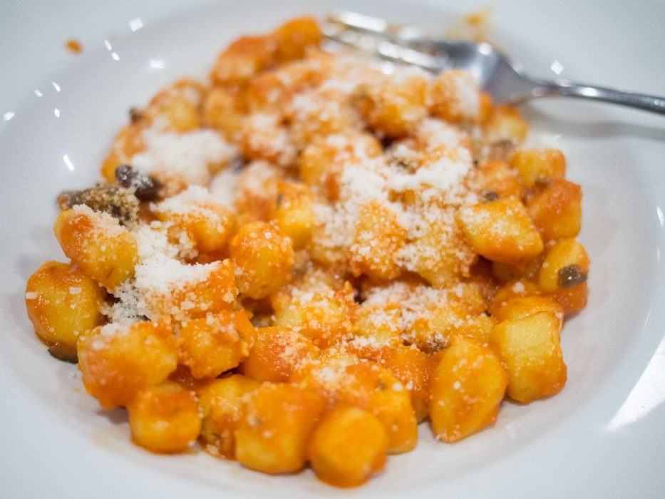 Gnocchi with tomato and olive sauce at Dai Bercau, Verduno