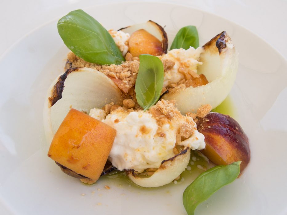 Burrata cheese with peach and hazelnuts at More e Macine in La Morra, Barolo wine region