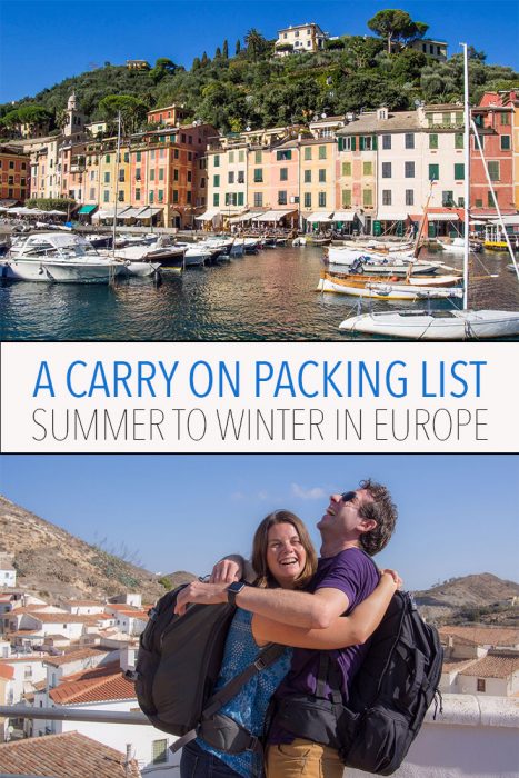 It is possible to pack carry-on only for multi-climate travel. We spent four months in Europe from summer to winter with just one backpack each. Click through to see our packing list and find out how we did it.