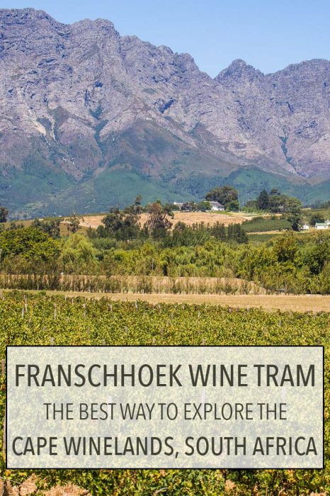 The Franschhoek wine tram is the best way to wine taste in the Cape Winelands near Cape Town, South Africa without having to drive. You can hop-on and hop-off the tram/bus when you wish and visit up to six wineries a day. Click through for more details about this fun and affordable way to sample the regions's excellent wines and enjoy the stunning mountain and vineyard scenery.