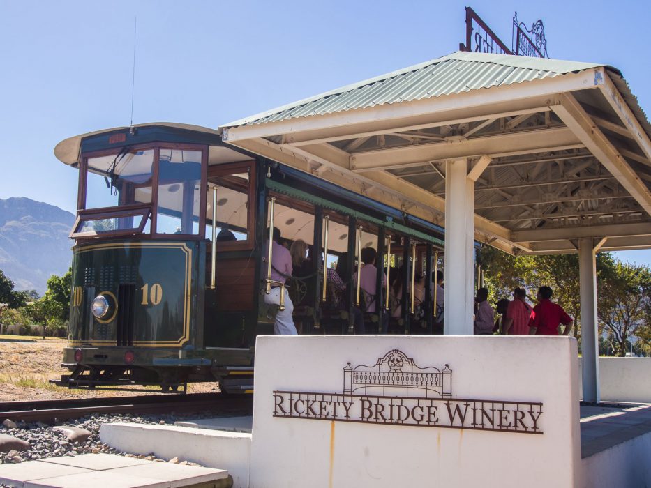 Franschhoek wine tram review - the tram at Rickety Bridge station