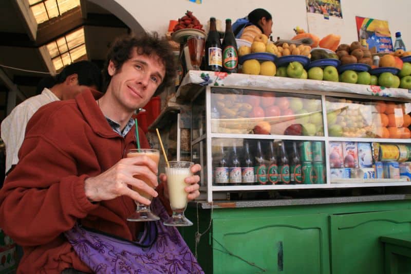 Enjoying a juice at the Mercado Central, Sucre