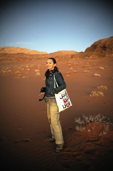 Travel Writer Lara Dunston at Wadi Rum, Jordan.