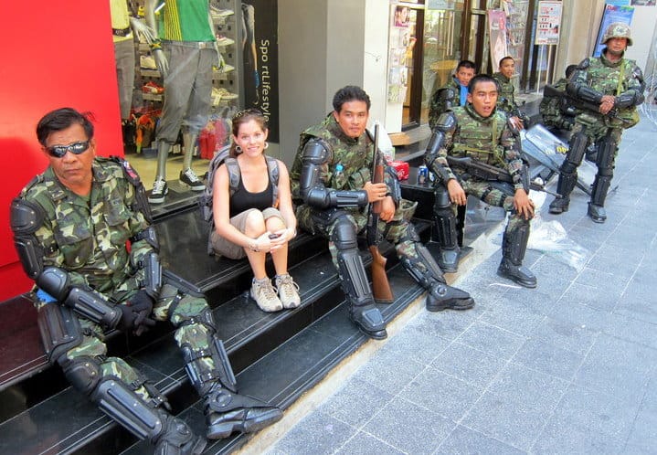 Jodi with soldiers during the Bangkok protests
