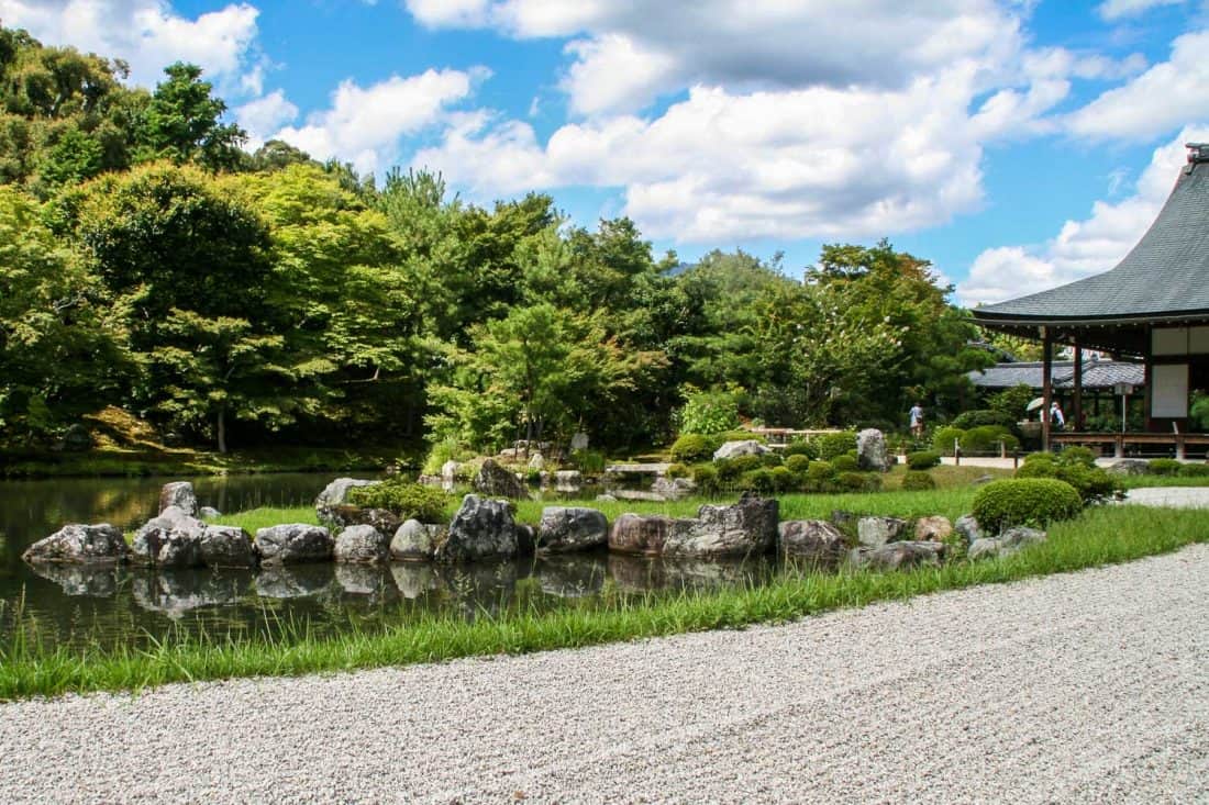 Zen garden and pond at Tenryu-ji temple in Kyoto, Japan