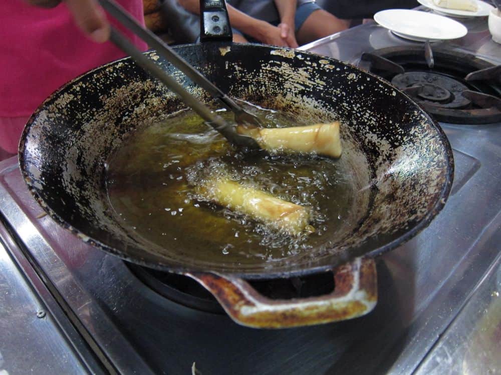 Frying spring rolls