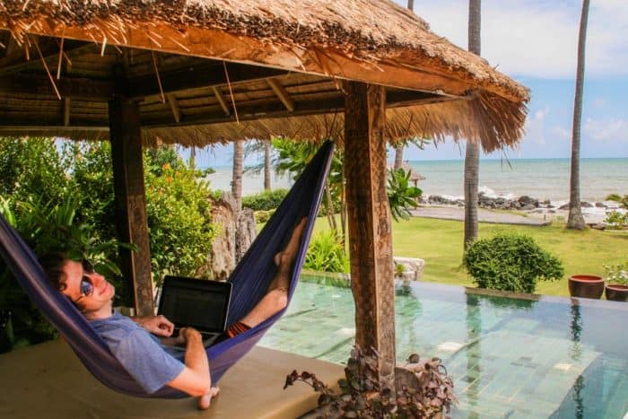 Simon "working" in a hammock on Koh Lanta, Thailand