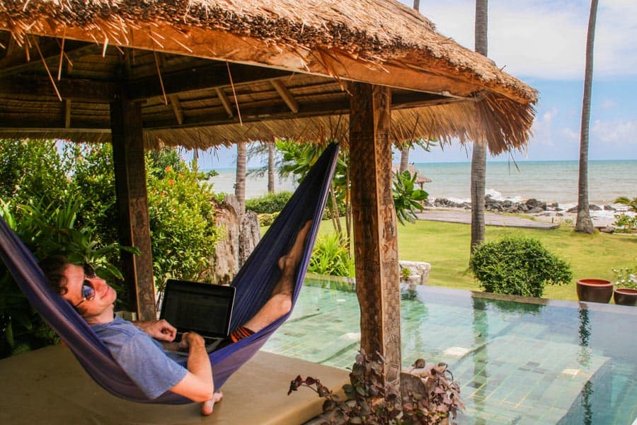 Simon "working" in a hammock on Koh Lanta, Thailand