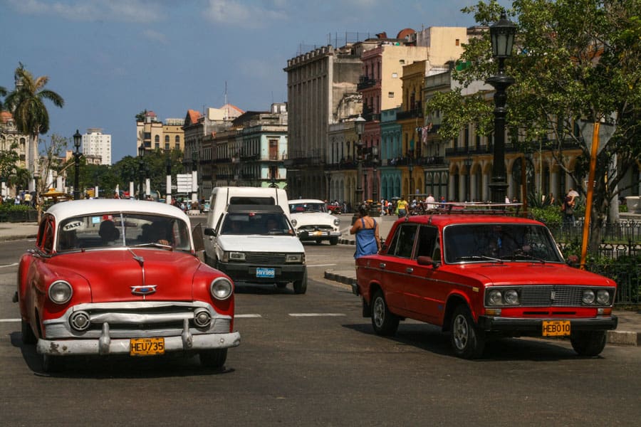 Classic American car and Lada