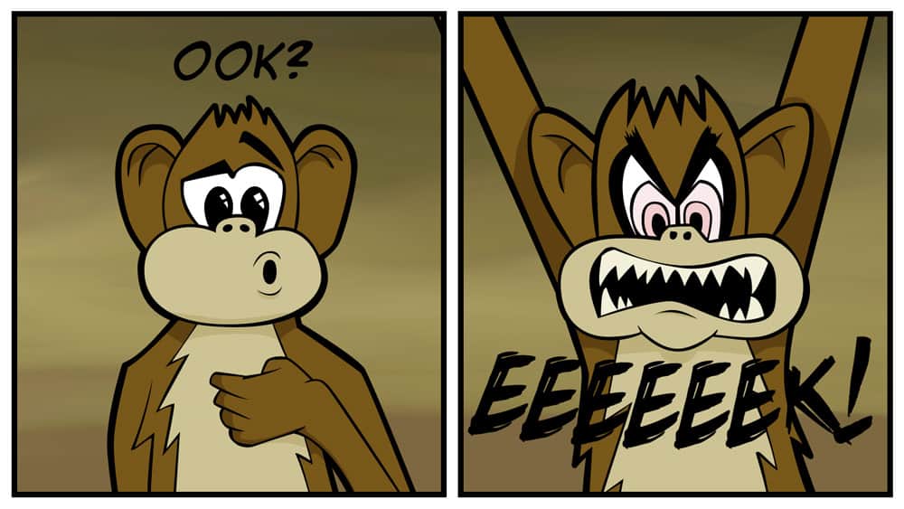 The monkey looks innocent and asks with an "Ook?" if Simon is talking to him. Realising he is, he launches into a psychotic rage with an "EEEEEEKKK!"