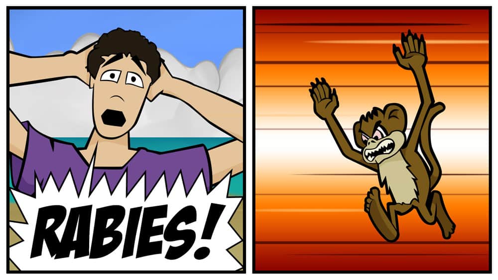 Simon sees the angry Monkey and screams "Rabies!" in a panic as the monkey comes at him Manga style.