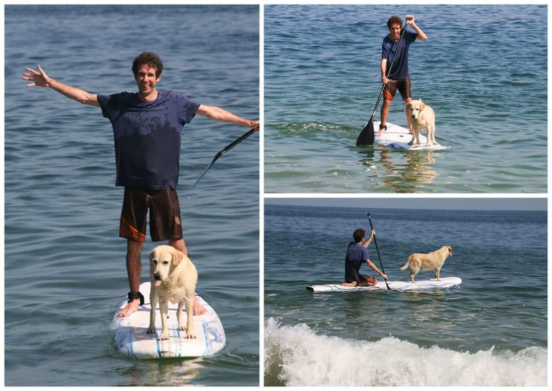 Simon paddleboarding with dog at Majahuitas
