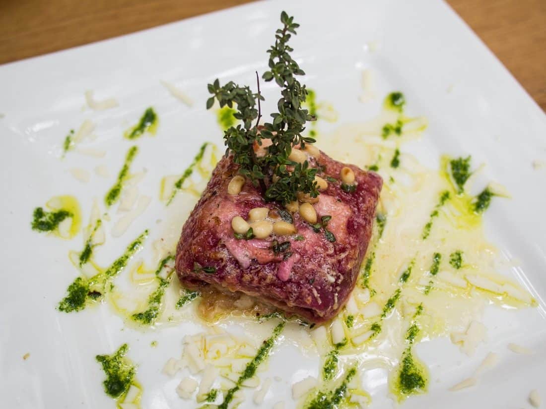 Beetroot pancake parcel at Majerija, Vipava Valley 