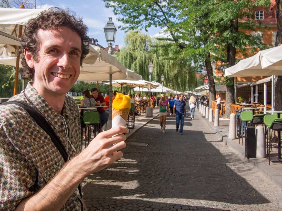 Mango gelato at Fetiche along the river in Ljubljana