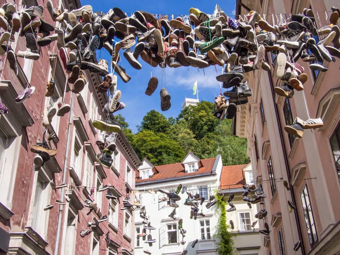 Shoes on wire at Shoemaker’s Bridge, Ljubljana