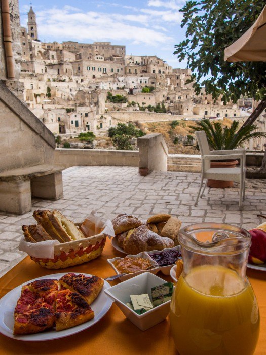 Breakfast with a view at La Corte dei Pastori cave hotel in Matera, Italy